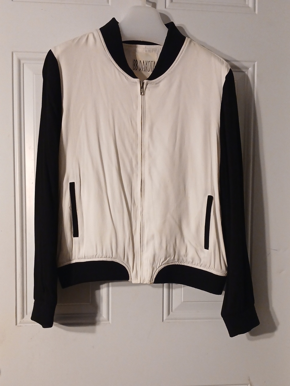 BB Dakota White Bomber Jacket with Black Sleeves